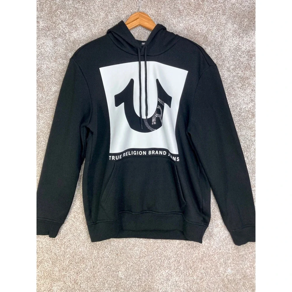 True Religion Rhinestone Horseshoe Graphic Hoodie Mens M Black Skater Pullover